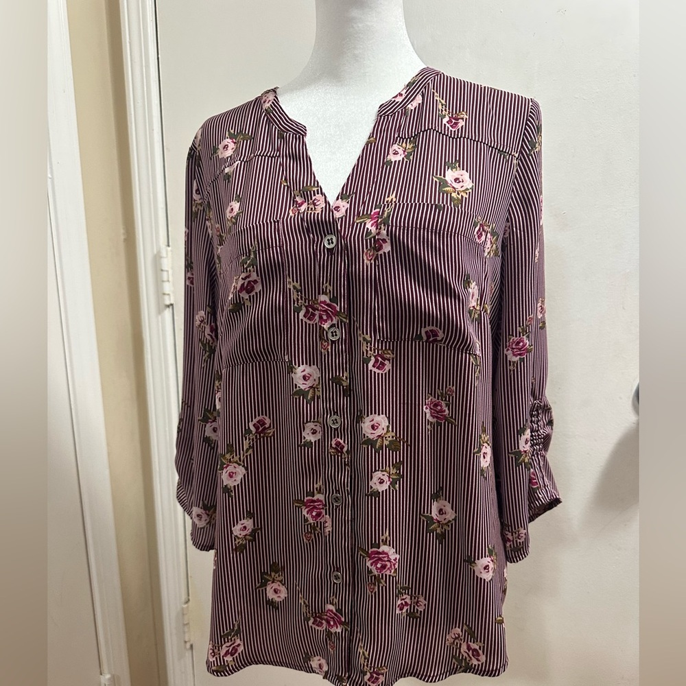 New York & Company Purple 3/4 Sleeve Blouse with Mandarin Collar